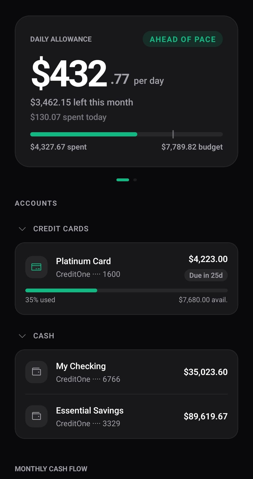 ChaiSpend home screen showing daily spending allowance and linked accounts